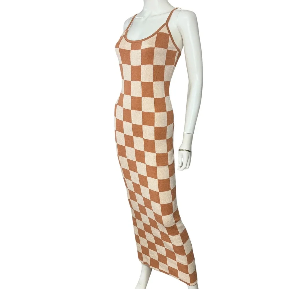 Checkered Maxi Dress M Retro Y2K 70s Brown Cream Bodycon Knit Vintage Inspired - Picture 3 of 9